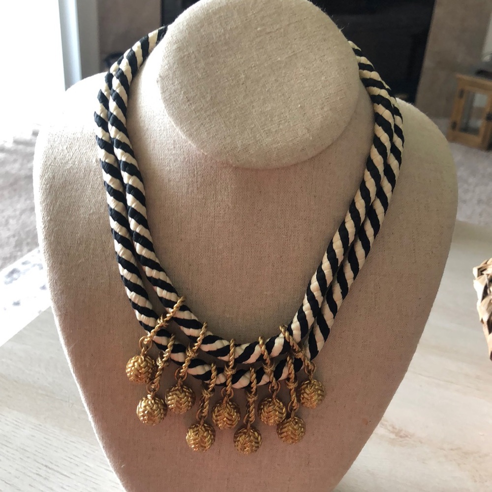 Stella & Dot Black and Cream Rope Necklace with Gold Dangles